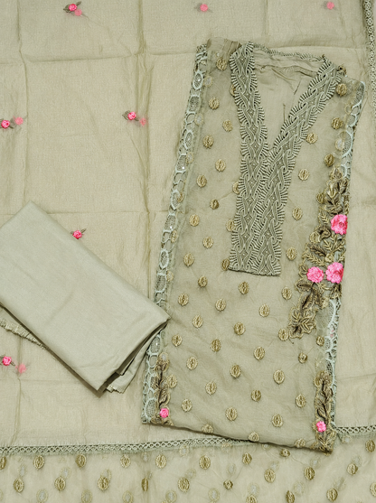 Sage Green Embroidered Organza Unstitched Suit with Floral Lace Detailing & Dupatta