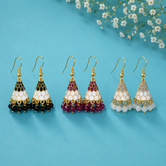 Combo of 3 Multicolor Enamel Jhumka Earrings for Women | Traditional Beaded Drop Earrings Set | Ethnic & Festive Jewellery