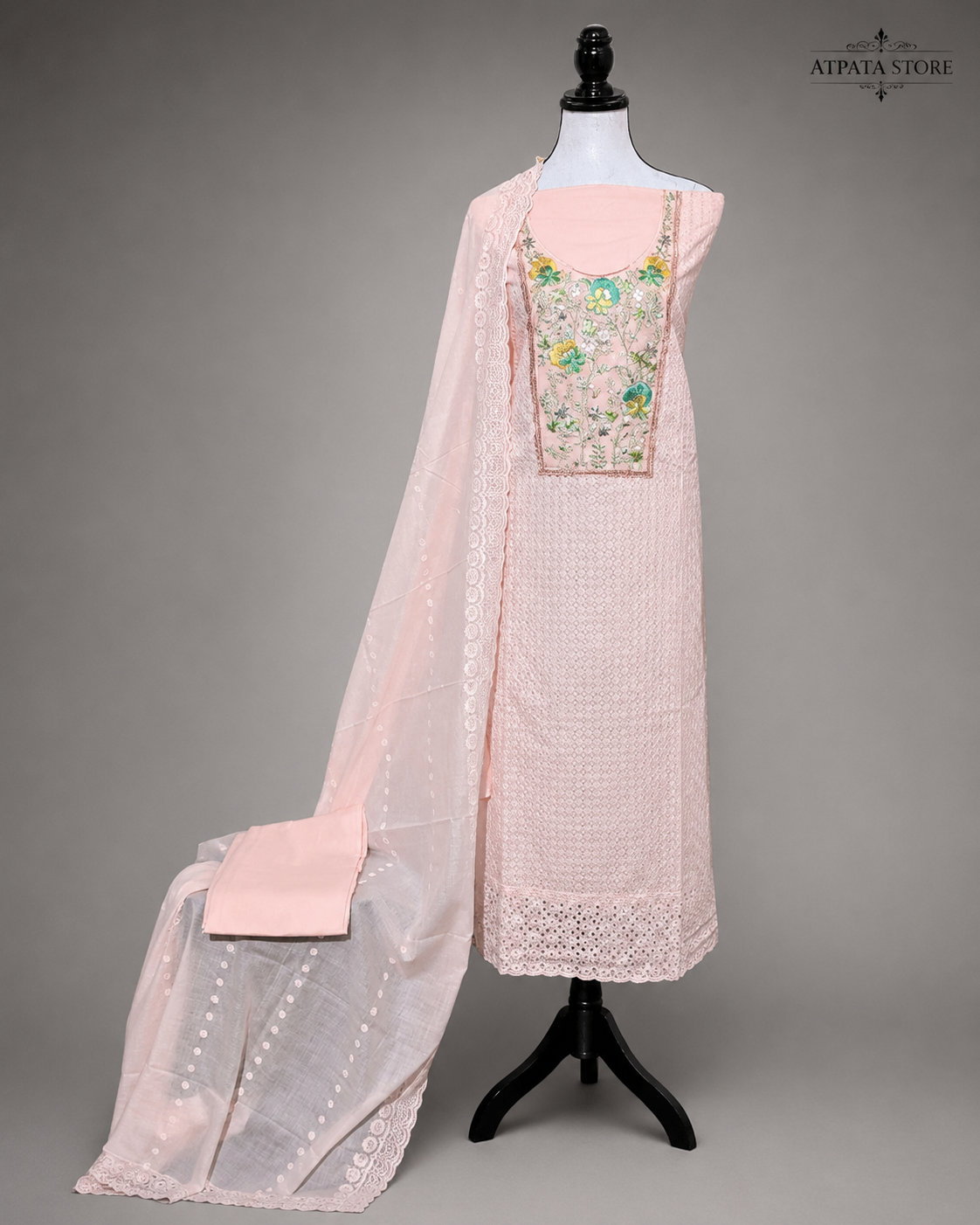 Blush Pink Embroidered Unstitched Suit with Multicolor Floral Neck Panel & Dupatta