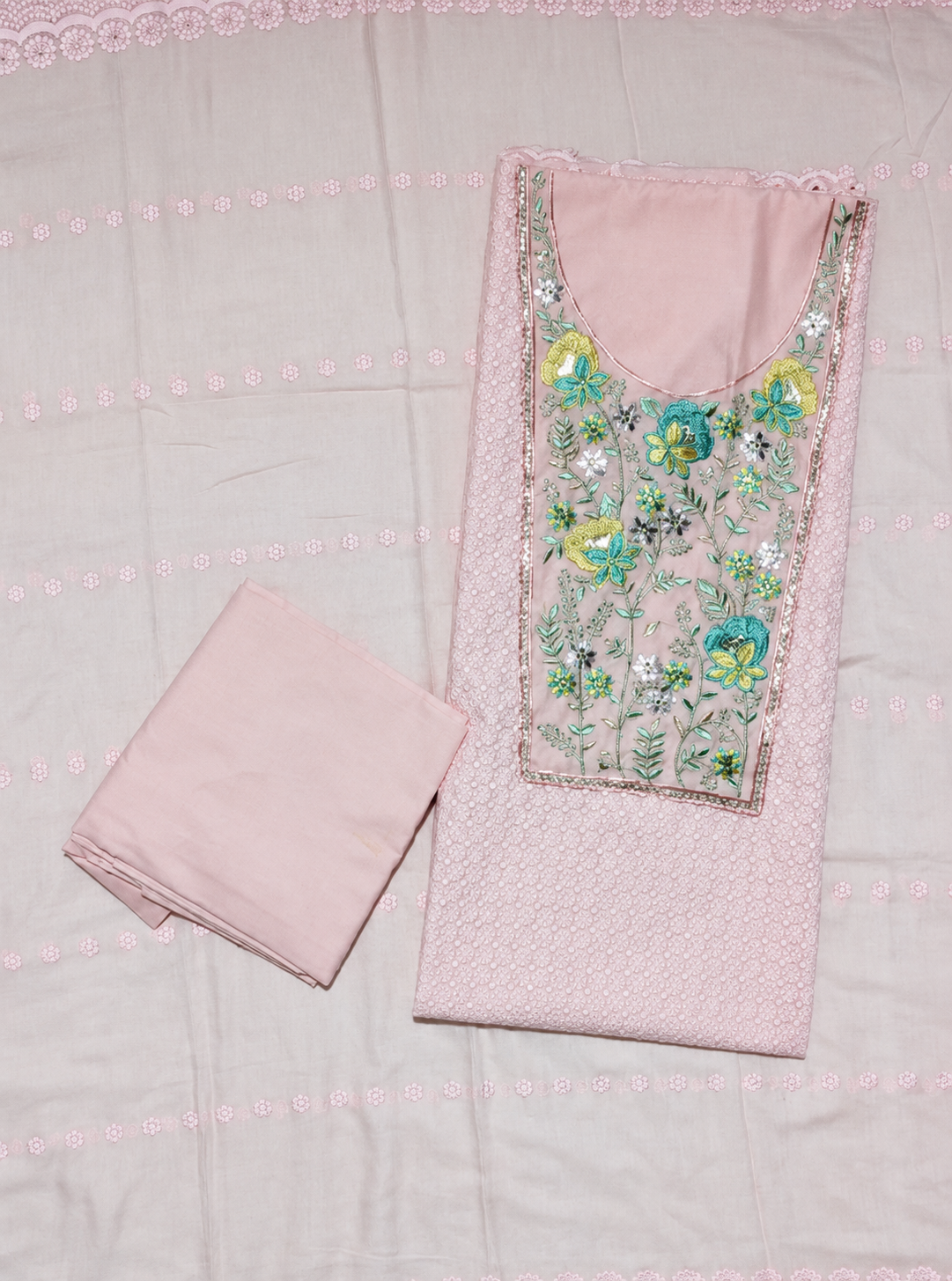 Blush Pink Embroidered Unstitched Suit with Multicolor Floral Neck Panel & Dupatta