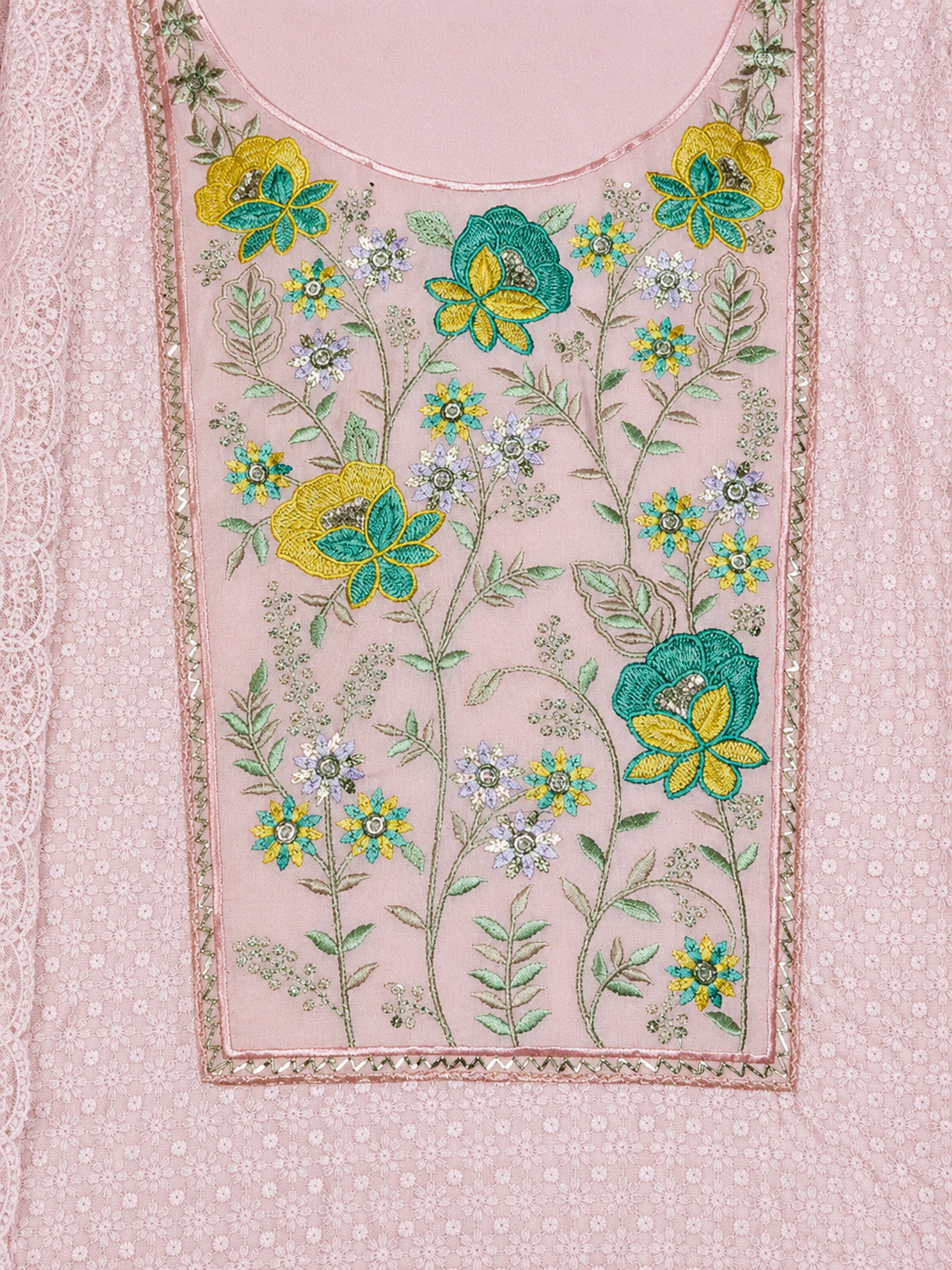 Blush Pink Embroidered Unstitched Suit with Multicolor Floral Neck Panel & Dupatta