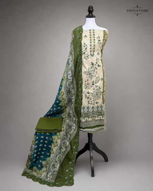 Olive Green & Teal Floral Printed Unstitched Suit with Designer Dupatta