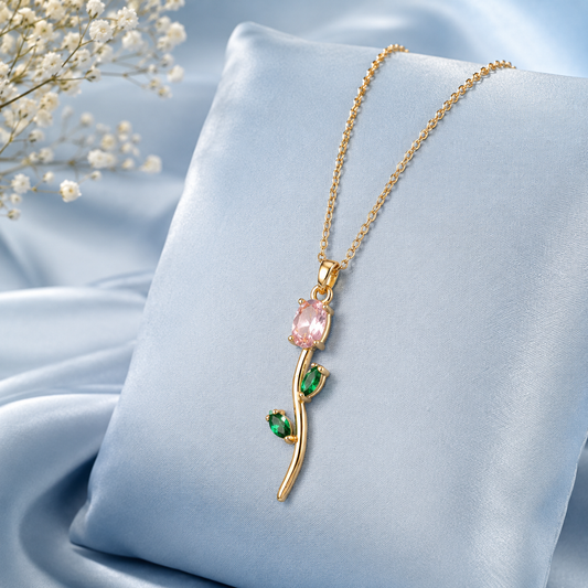 Golden Bloom Rose Pendant Necklace – Pink & Green Crystal Floral Design