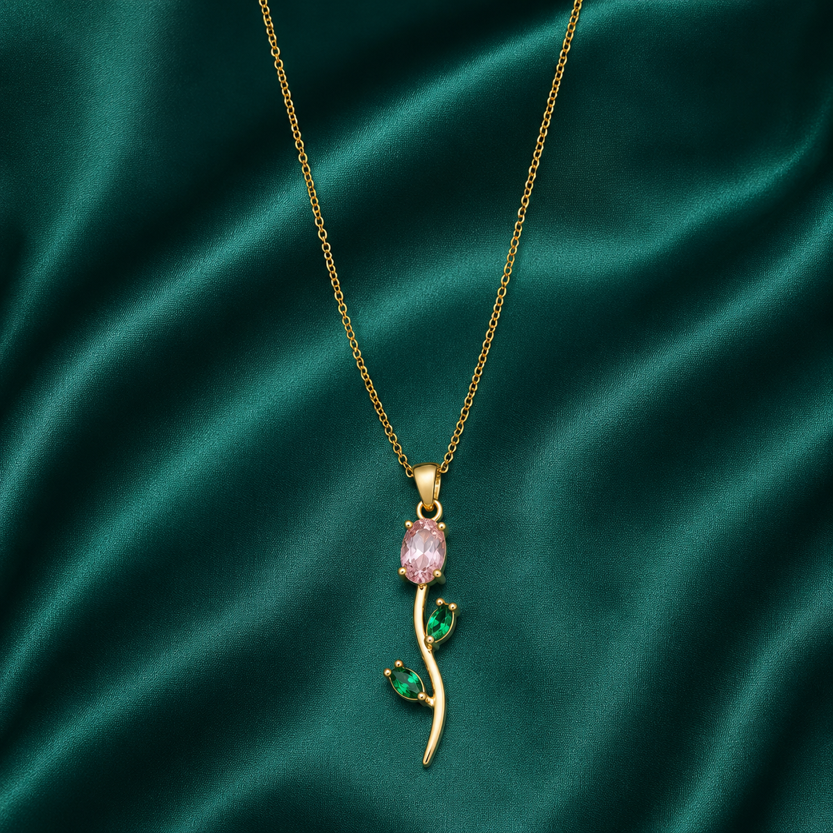 Golden Bloom Rose Pendant Necklace – Pink & Green Crystal Floral Design