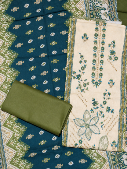 Olive Green & Teal Floral Printed Unstitched Suit with Designer Dupatta