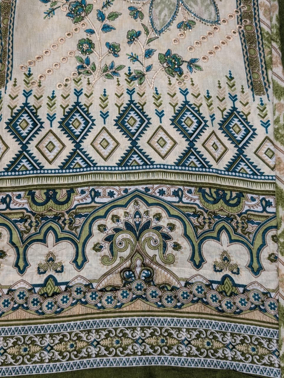 Olive Green & Teal Floral Printed Unstitched Suit with Designer Dupatta