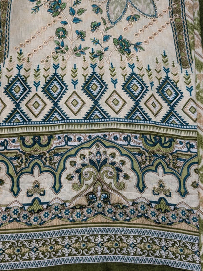 Olive Green & Teal Floral Printed Unstitched Suit with Designer Dupatta