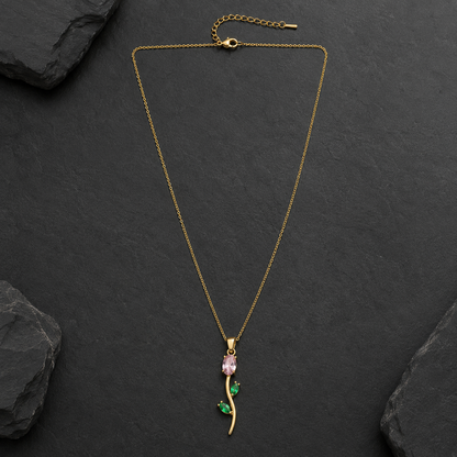 Golden Bloom Rose Pendant Necklace – Pink & Green Crystal Floral Design