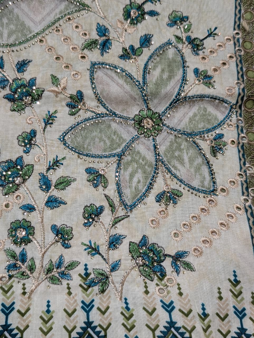 Olive Green & Teal Floral Printed Unstitched Suit with Designer Dupatta