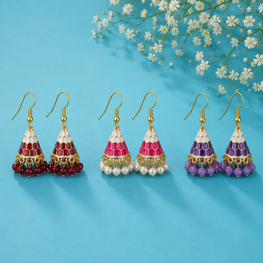 Combo of 3 Multicolor Enamel Jhumka Earrings for Women | Traditional Beaded Drop Earrings Set | Ethnic & Festive Jewellery
