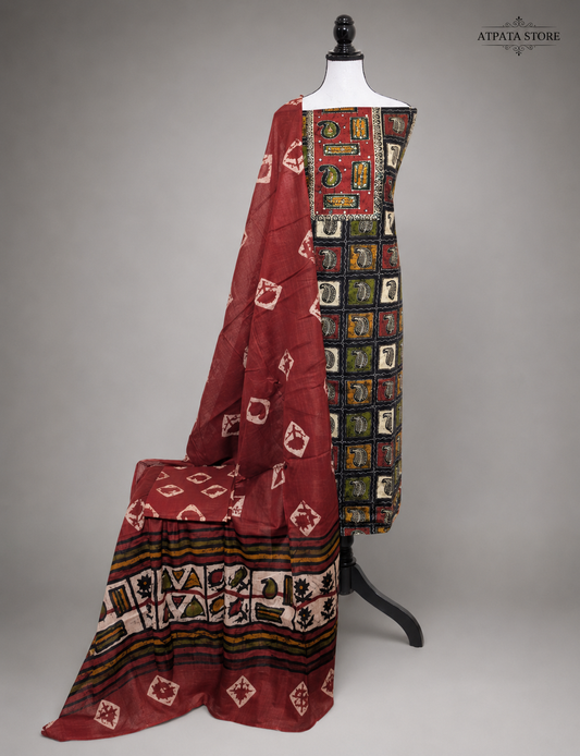 Maroon & Multicolor Tribal Printed Unstitched Suit with Designer Dupatta