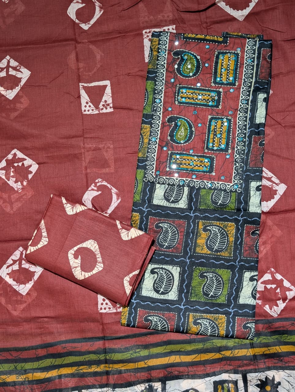 Maroon & Multicolor Tribal Printed Unstitched Suit with Designer Dupatta