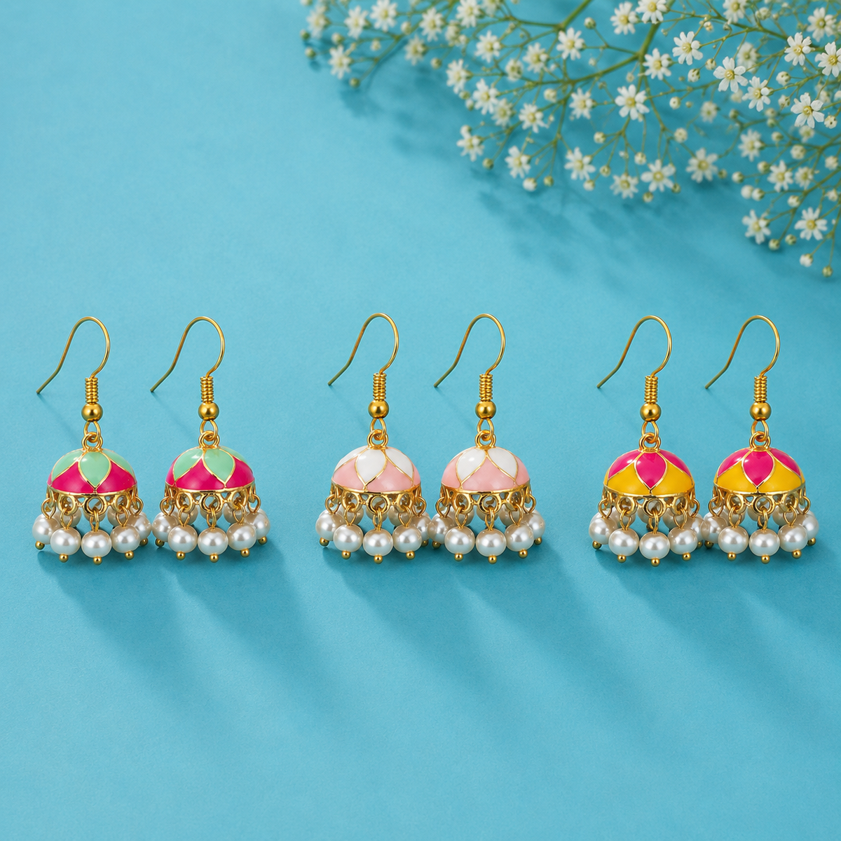 Combo of 3 Multicolor Pearl Jhumka Earrings for Women | Traditional Enamel Drop Earrings Set | Ethnic & Festive Jewellery