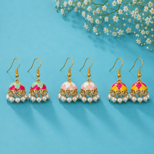 Combo of 3 Multicolor Pearl Jhumka Earrings for Women | Traditional Enamel Drop Earrings Set | Ethnic & Festive Jewellery