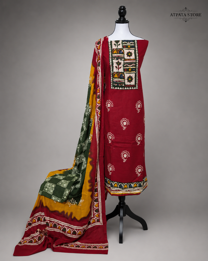 Maroon Ajrakh-Inspired Printed Unstitched Suit with Multicolor Designer Dupatta