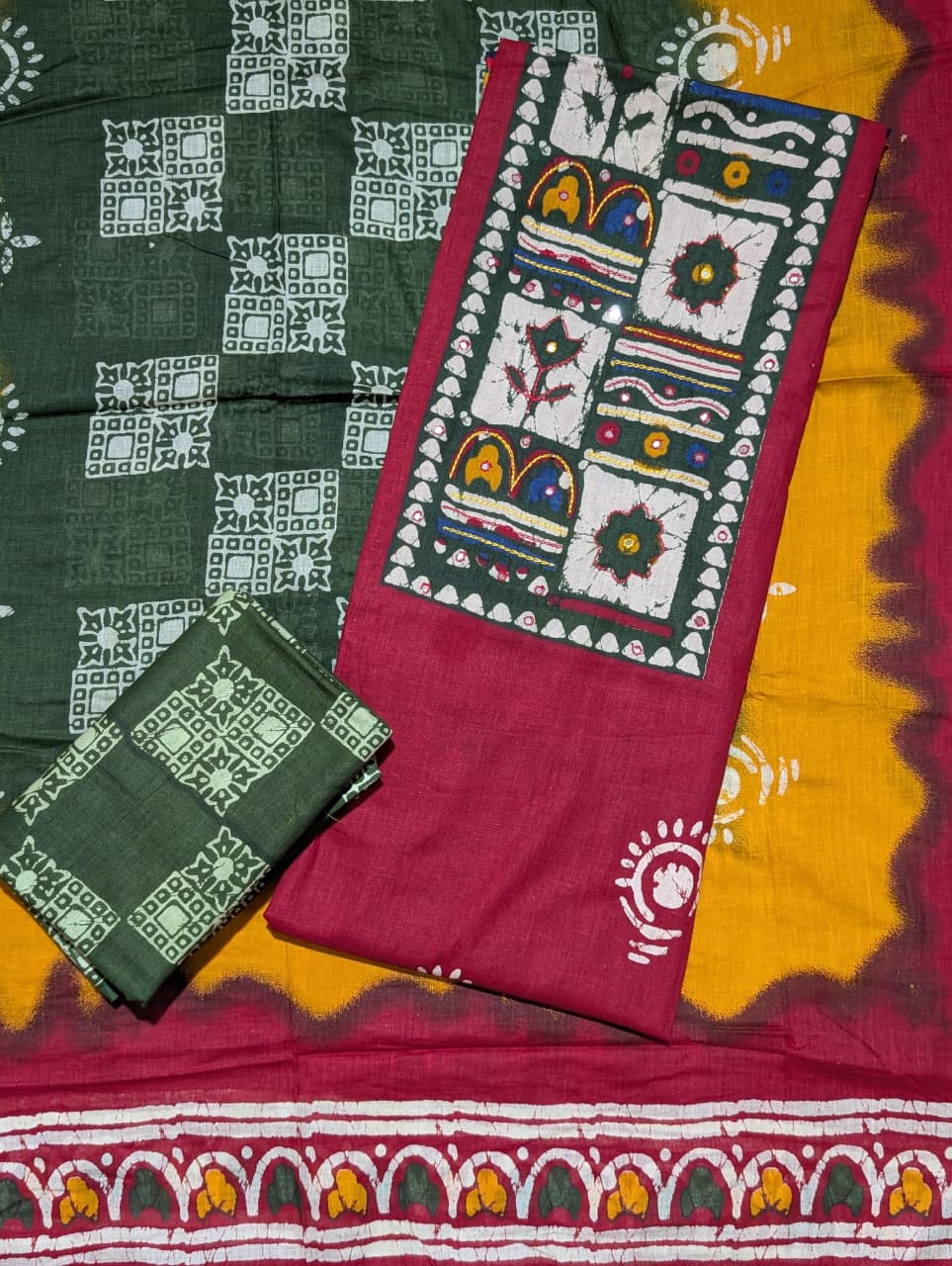 Maroon Ajrakh-Inspired Printed Unstitched Suit with Multicolor Designer Dupatta