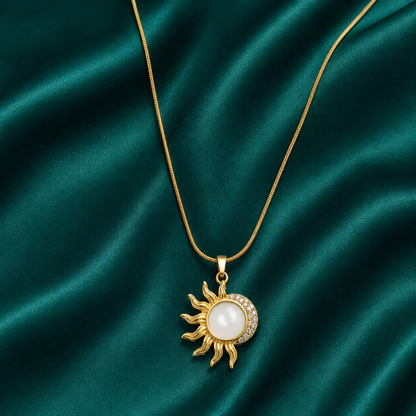 Celestial Sun & Moon Pendant Necklace – Gold-Tone Pearl Statement Necklace