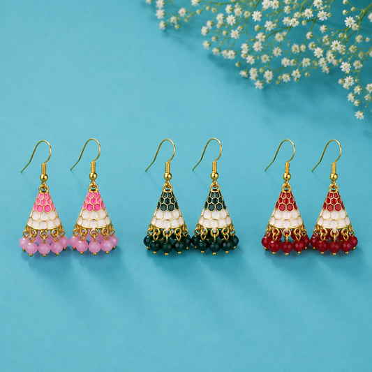 Combo of 3 Multicolor Pearl Jhumka Earrings for Women | Traditional Enamel Drop Earrings Set | Ethnic & Festive Jewellery