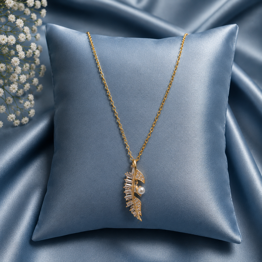 Golden Crystal Feather Pearl Pendant Necklace