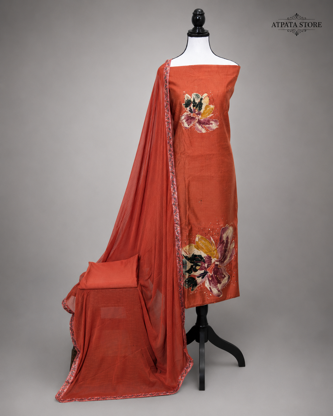 Rust Orange Floral Printed Unstitched Suit with Matching Dupatta
