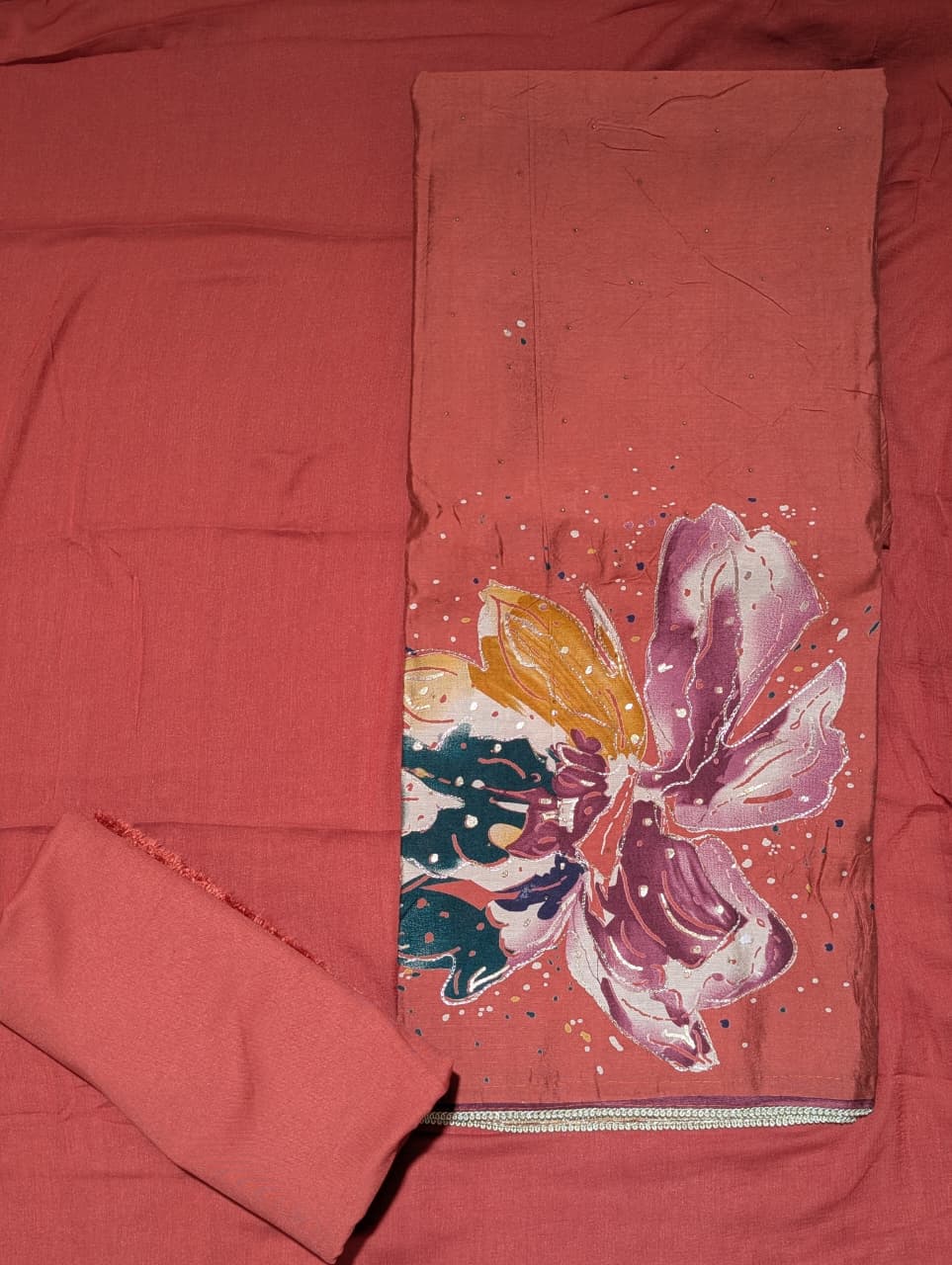 Rust Orange Floral Printed Unstitched Suit with Matching Dupatta
