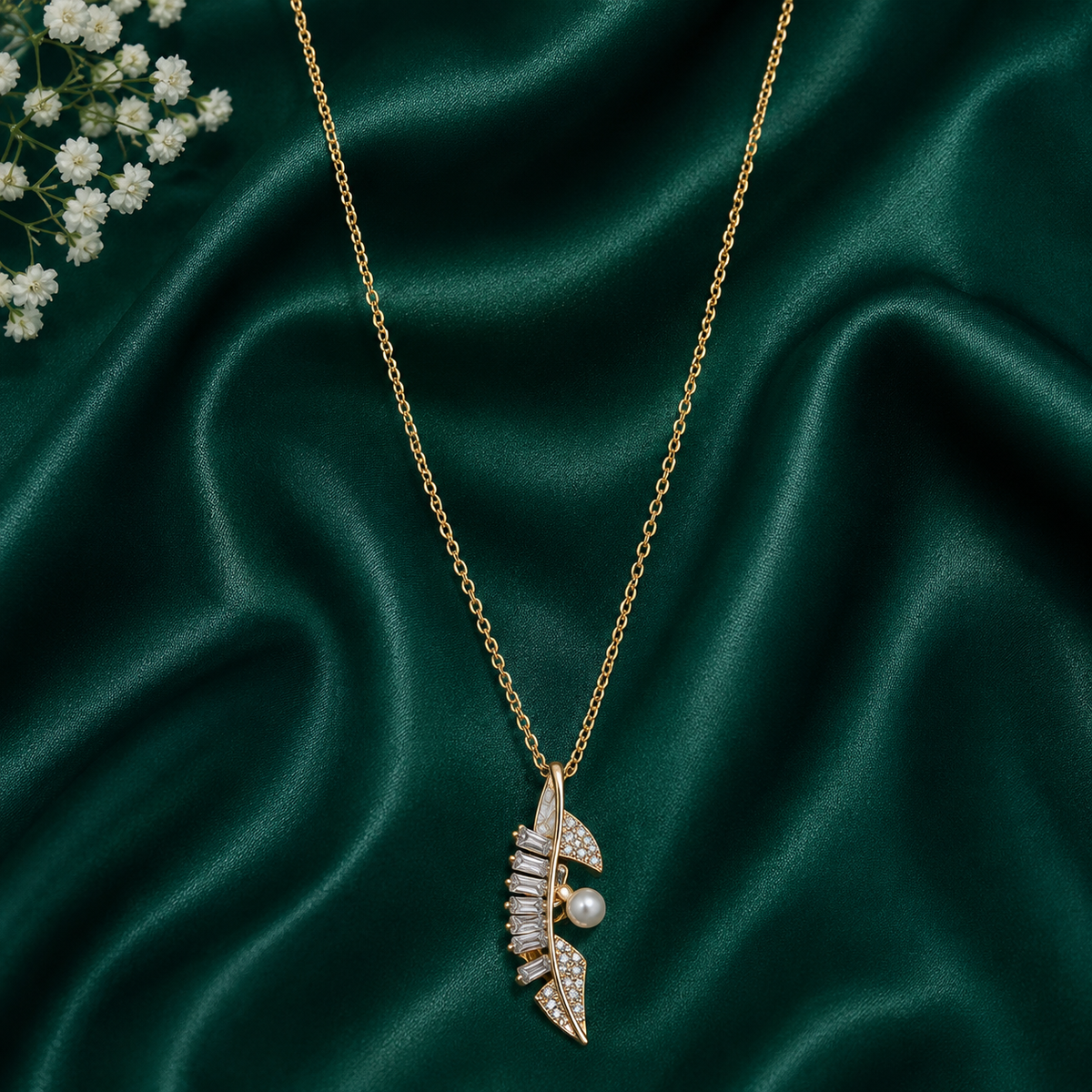 Golden Crystal Feather Pearl Pendant Necklace