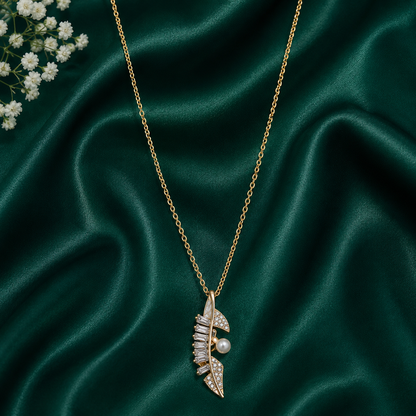 Golden Crystal Feather Pearl Pendant Necklace