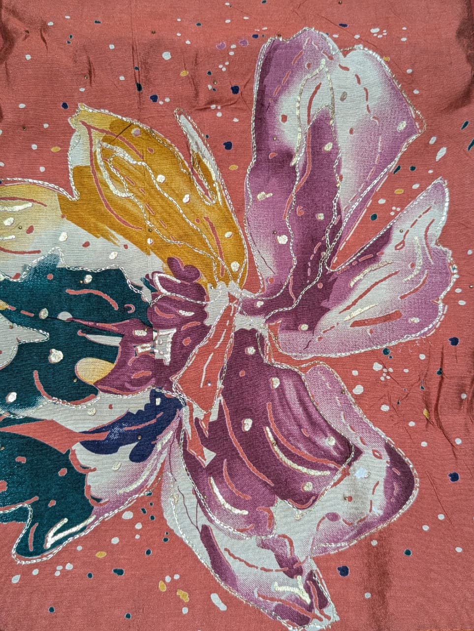 Rust Orange Floral Printed Unstitched Suit with Matching Dupatta