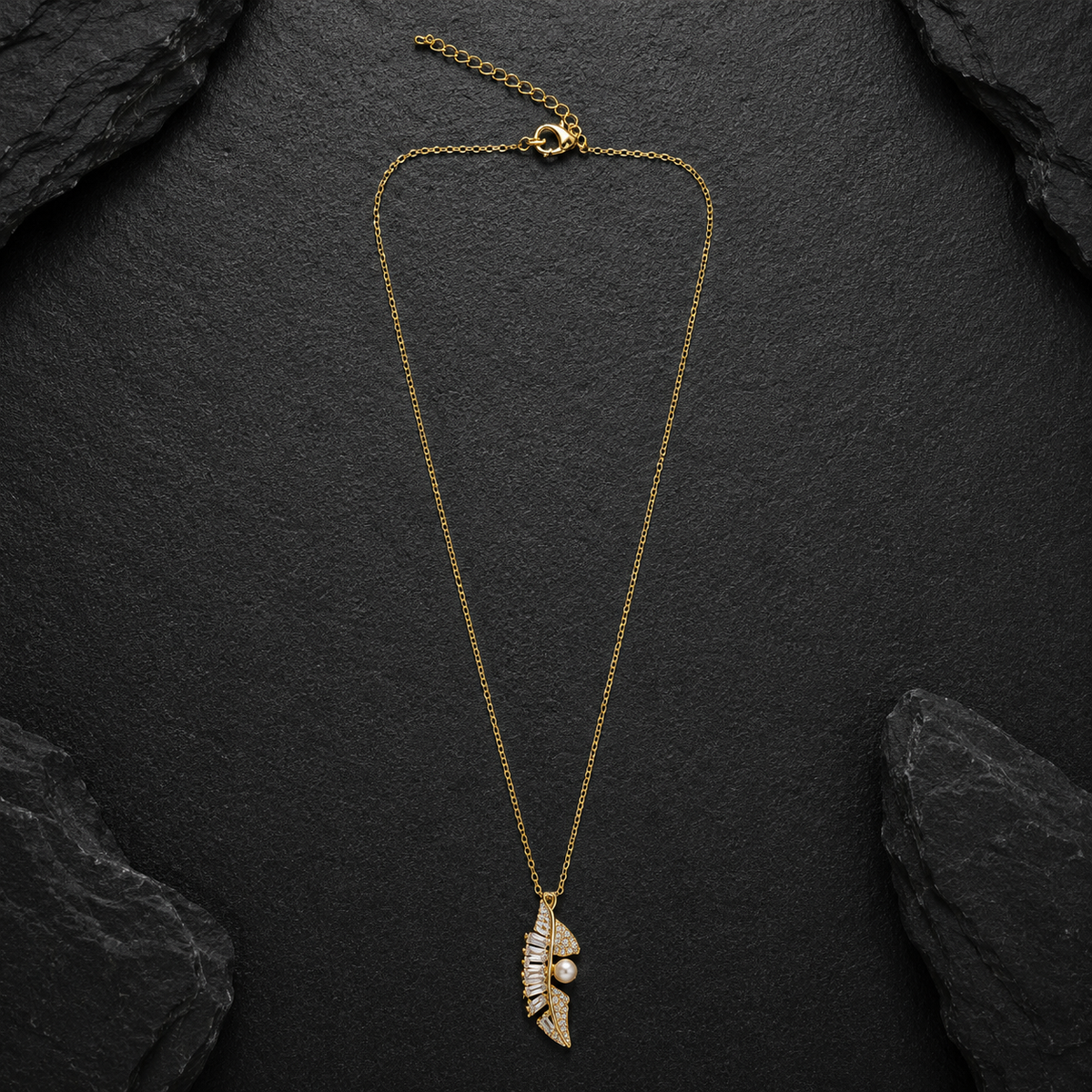 Golden Crystal Feather Pearl Pendant Necklace