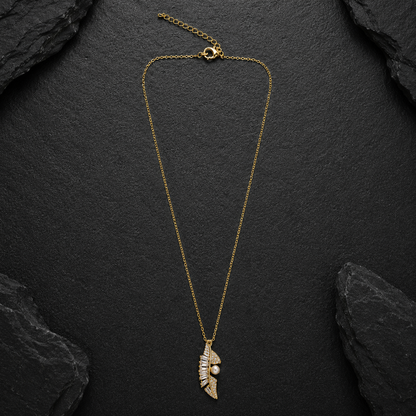 Golden Crystal Feather Pearl Pendant Necklace