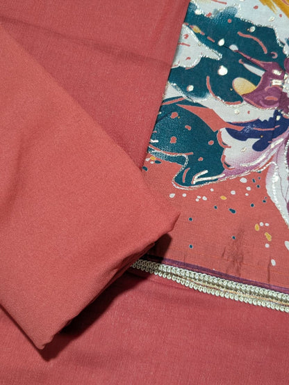 Rust Orange Floral Printed Unstitched Suit with Matching Dupatta