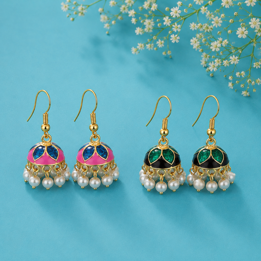 Combo of 2 Multicolor Pearl Jhumka Earrings for Women | Traditional Enamel Drop Earrings Set | Ethnic & Festive Jewellery