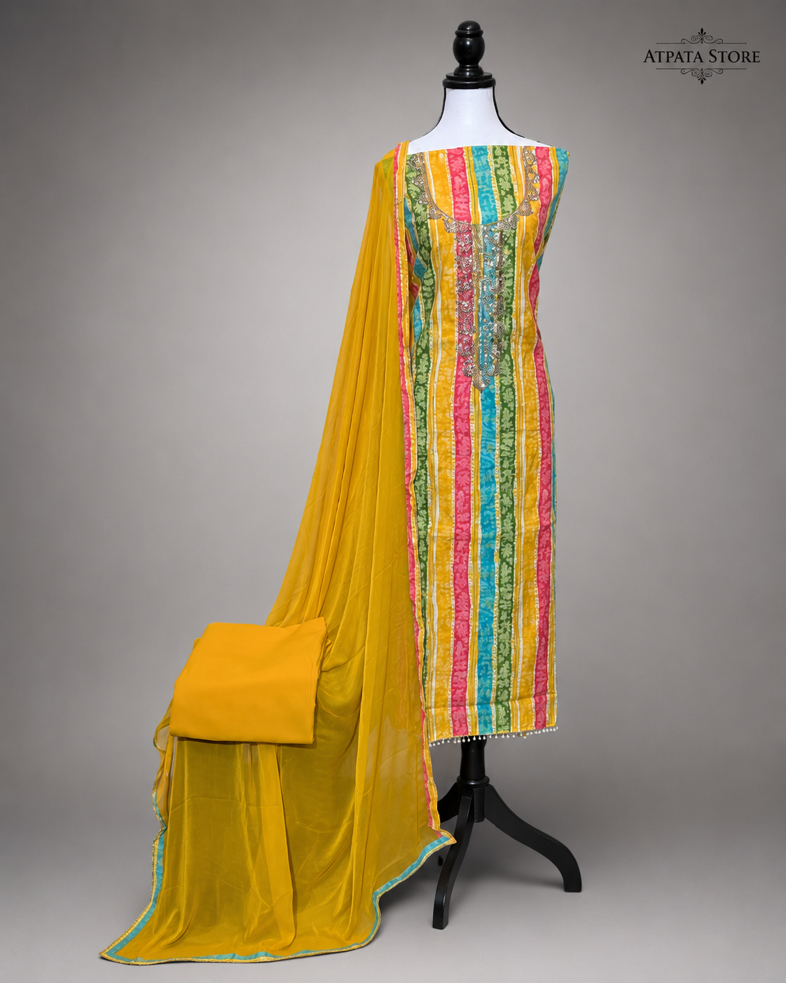 Mustard Yellow Multicolor Striped Unstitched Suit with Embellished Neckline & Dupatta