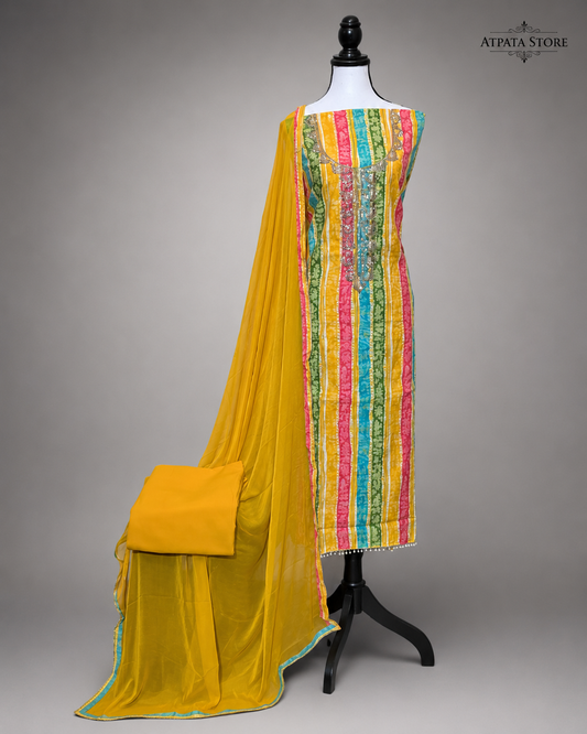 Mustard Yellow Multicolor Striped Unstitched Suit with Embellished Neckline & Dupatta