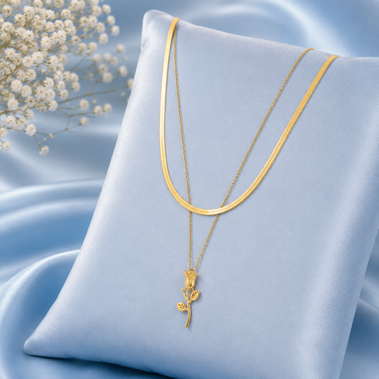 Golden Rose Layered Necklace Set – Double Chain Floral Pendant Necklace