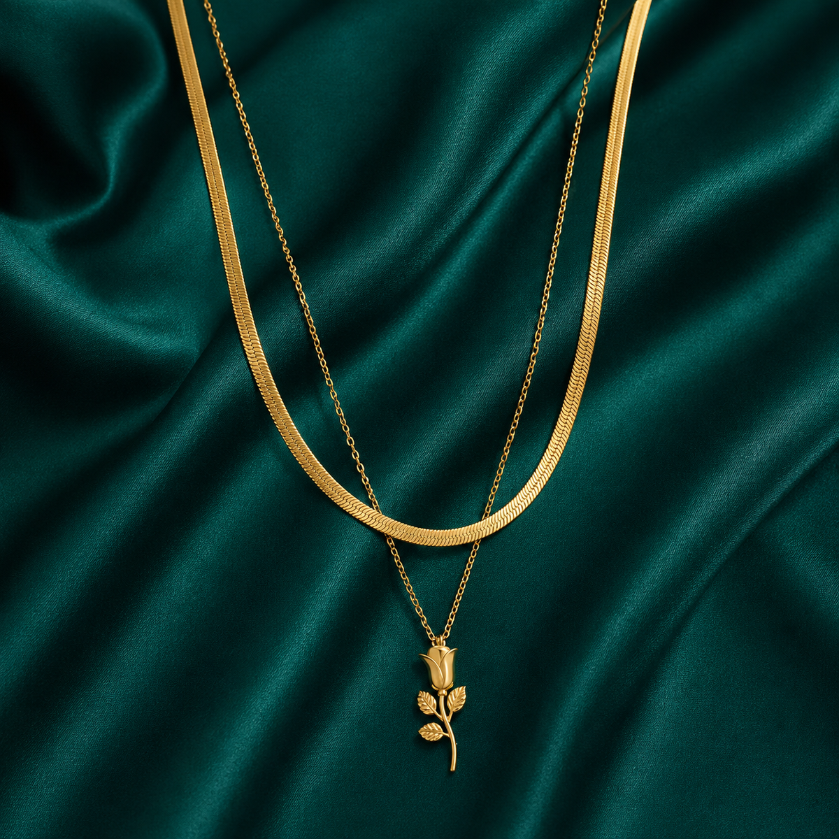 Golden Rose Layered Necklace Set – Double Chain Floral Pendant Necklace