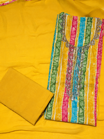 Mustard Yellow Multicolor Striped Unstitched Suit with Embellished Neckline & Dupatta