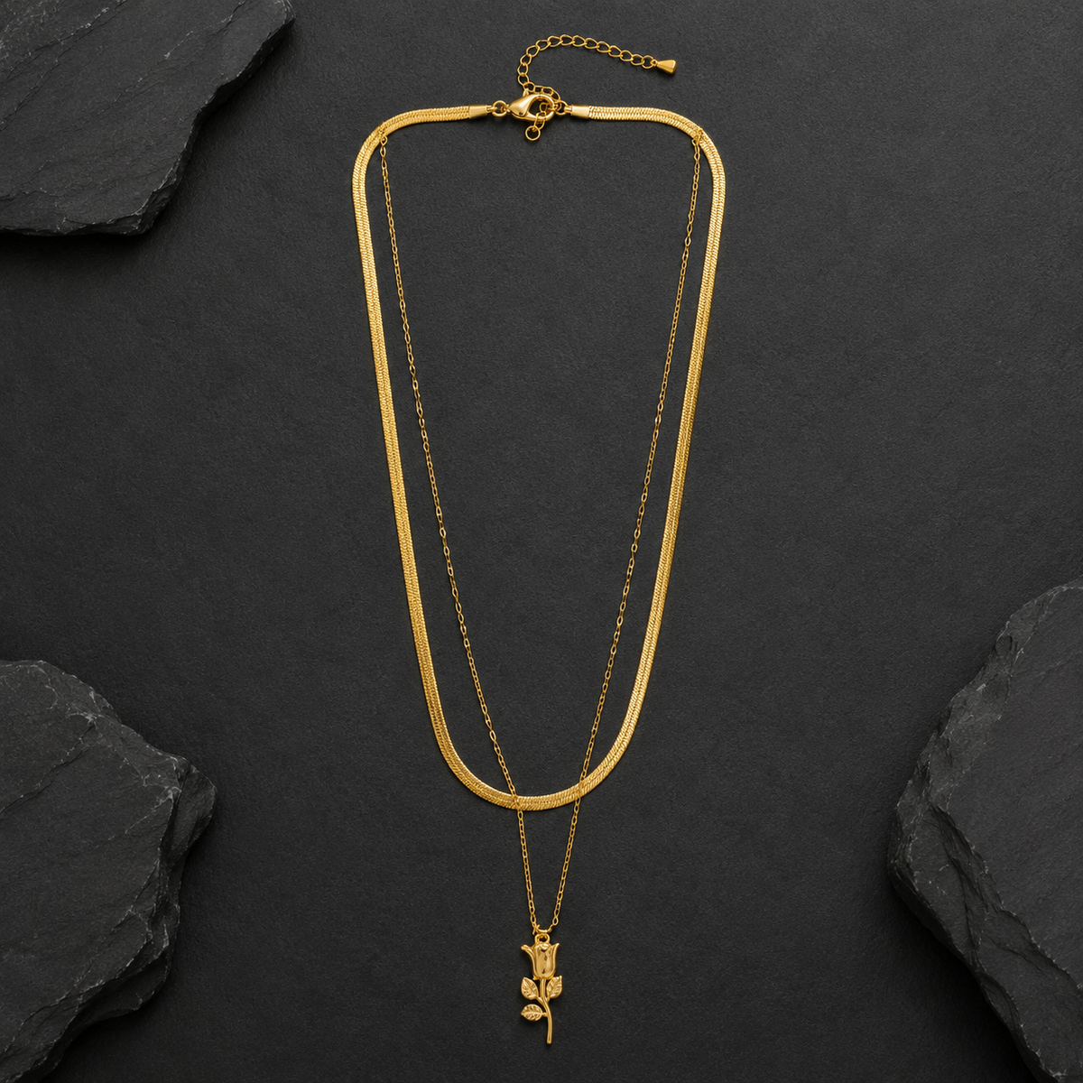 Golden Rose Layered Necklace Set – Double Chain Floral Pendant Necklace