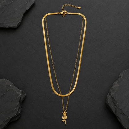 Golden Rose Layered Necklace Set – Double Chain Floral Pendant Necklace