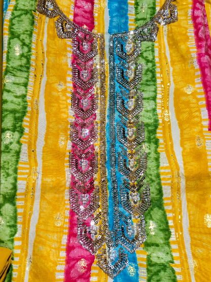 Mustard Yellow Multicolor Striped Unstitched Suit with Embellished Neckline & Dupatta