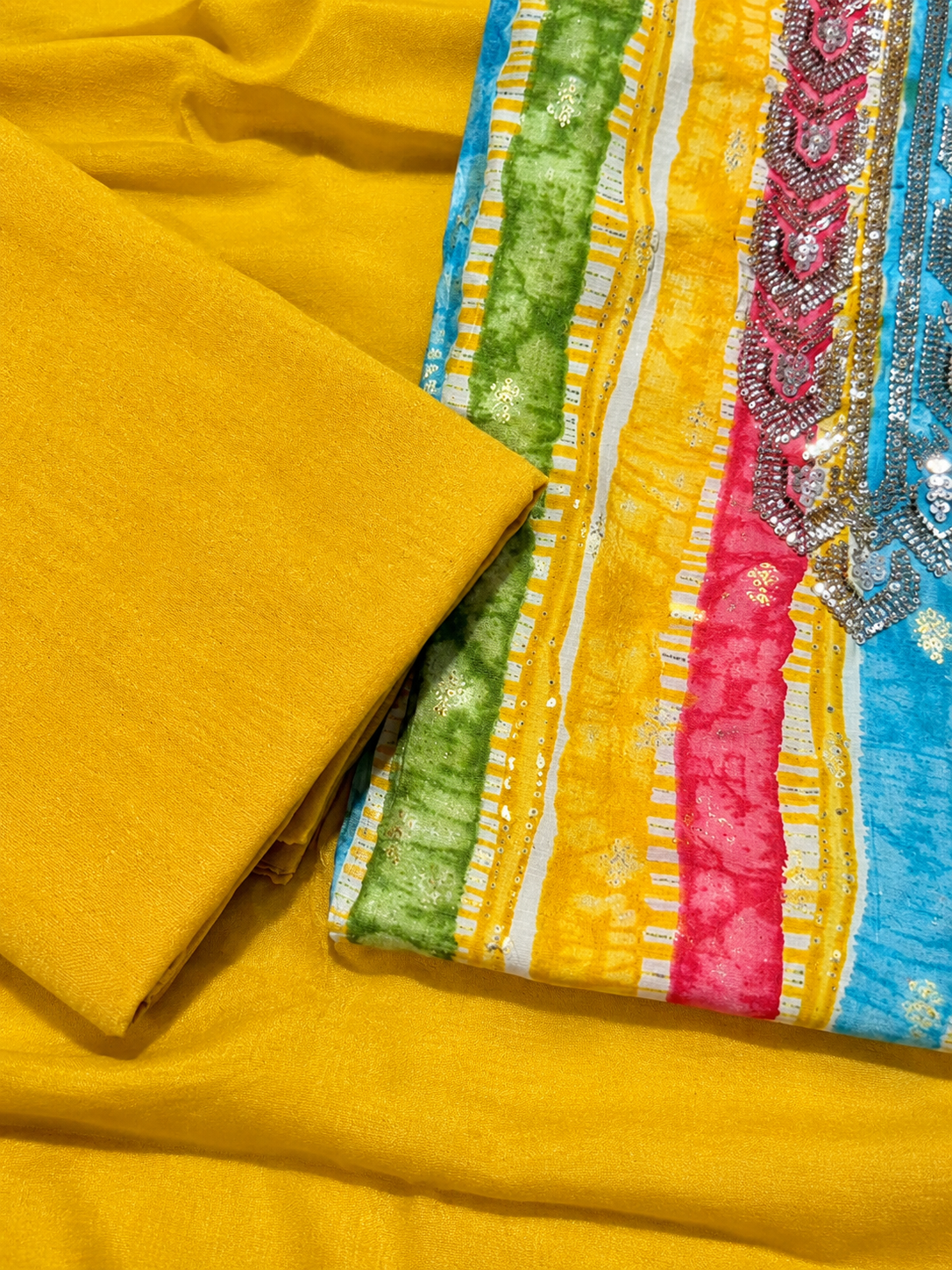 Mustard Yellow Multicolor Striped Unstitched Suit with Embellished Neckline & Dupatta