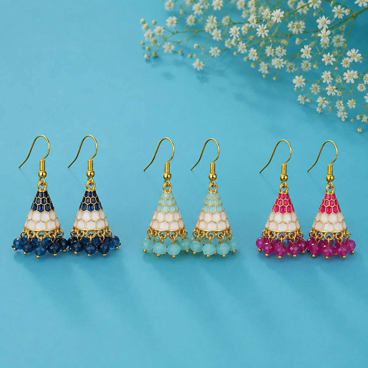 Combo of 3 Multicolor Enamel Jhumka Earrings for Women | Traditional Beaded Drop Earrings Set | Ethnic & Festive Jewellery