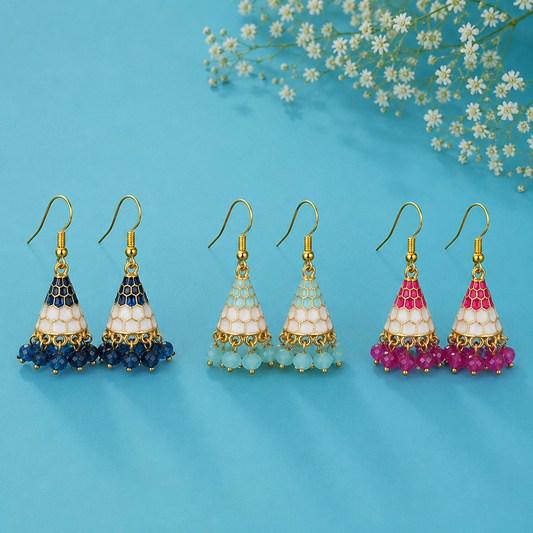 Combo of 3 Multicolor Enamel Jhumka Earrings for Women | Traditional Beaded Drop Earrings Set | Ethnic & Festive Jewellery