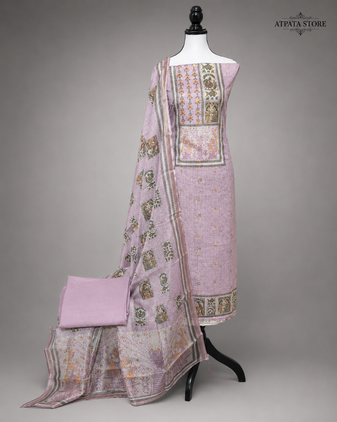Lavender Heritage Print Unstitched Suit with Artistic Panel Design & Dupatta
