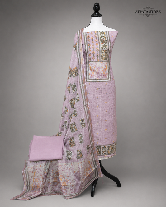 Lavender Heritage Print Unstitched Suit with Artistic Panel Design & Dupatta