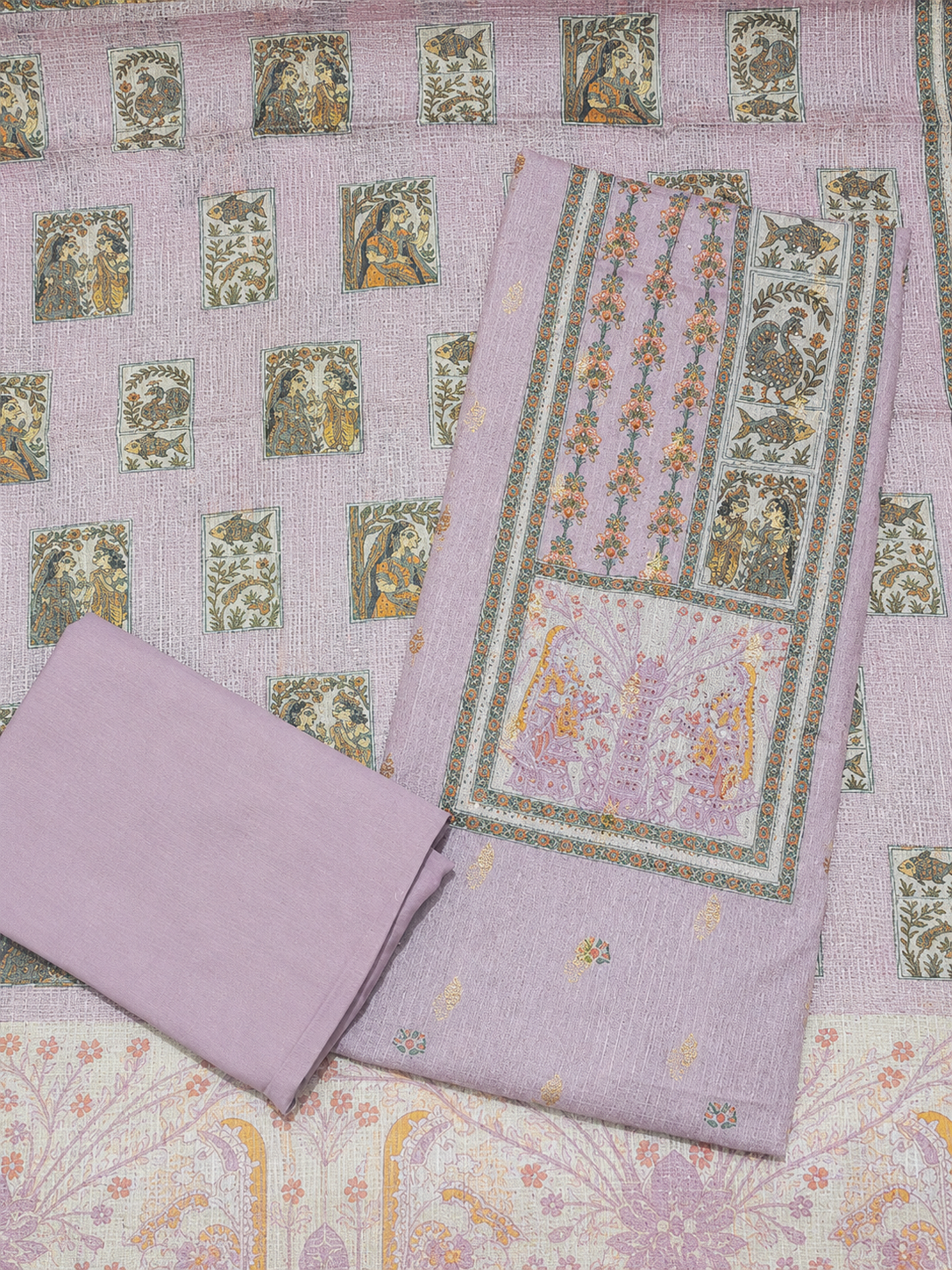 Lavender Heritage Print Unstitched Suit with Artistic Panel Design & Dupatta