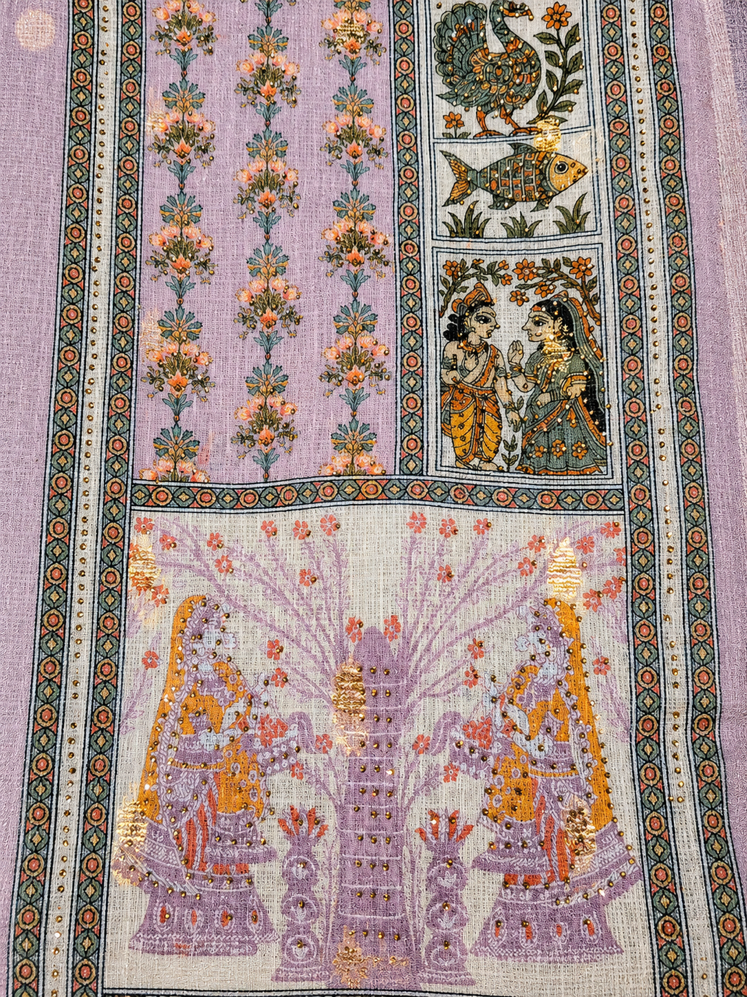 Lavender Heritage Print Unstitched Suit with Artistic Panel Design & Dupatta