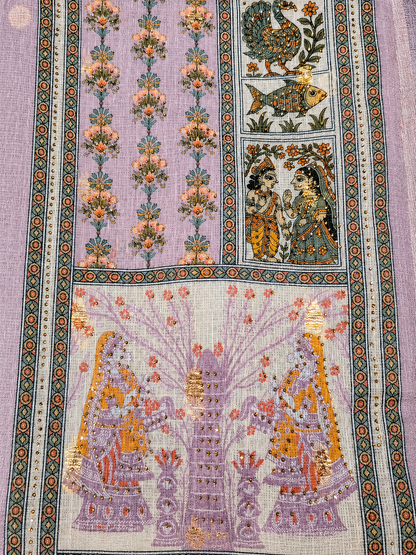 Lavender Heritage Print Unstitched Suit with Artistic Panel Design & Dupatta