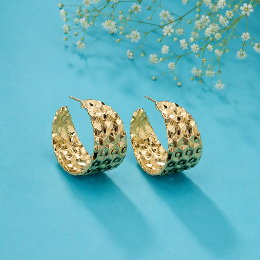 Elegant Textured Gold Hoop Earrings for Women | Geometric Statement Hoops | Trendy Party Wear Jewellery