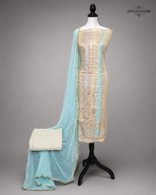 Powder Blue & Ivory Embroidered Unstitched Suit with Sequin Work and Net Dupatta